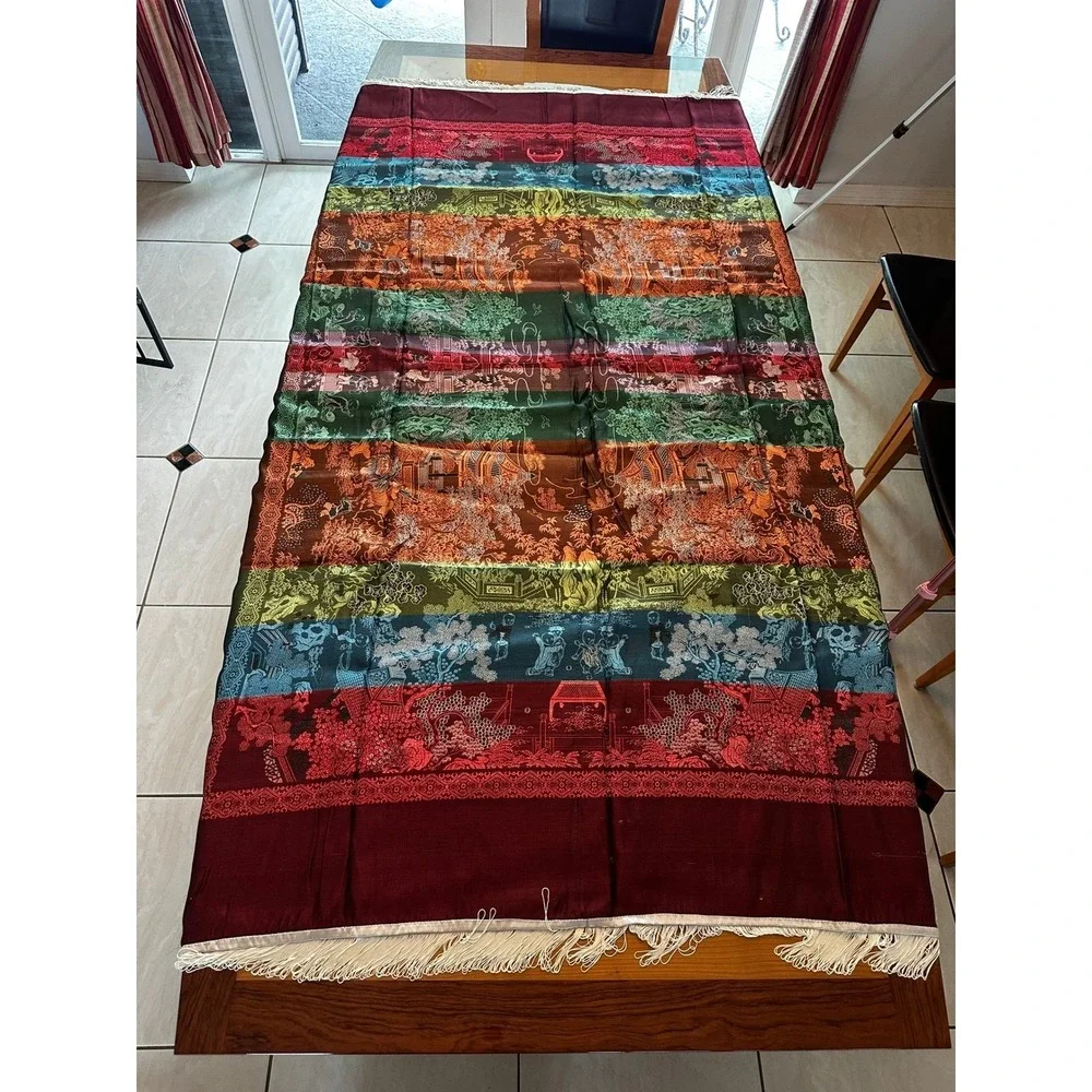 Vintage Oriental Garden Scene Woven Tapestry Table Runner Cream Fringe Large‎